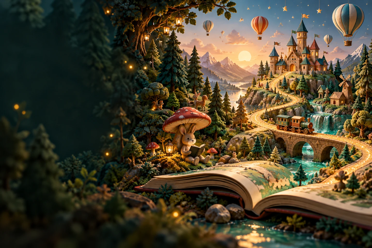 An enchanted toy forest with a storybook path, wooden castle and little adventures